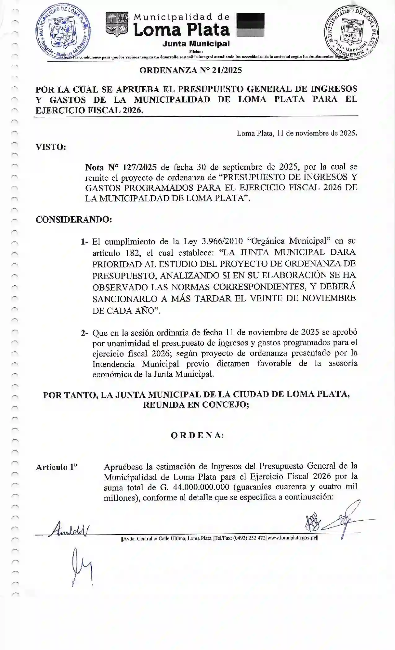 ORDENANZA N° 21-2025 POR LA CUAL SE APRUEBA EL PRESUPUESTO GENERAL DE INGRESOS Y GASTOS DE LA MUNICIPALIDAD DELOMA PLATA.